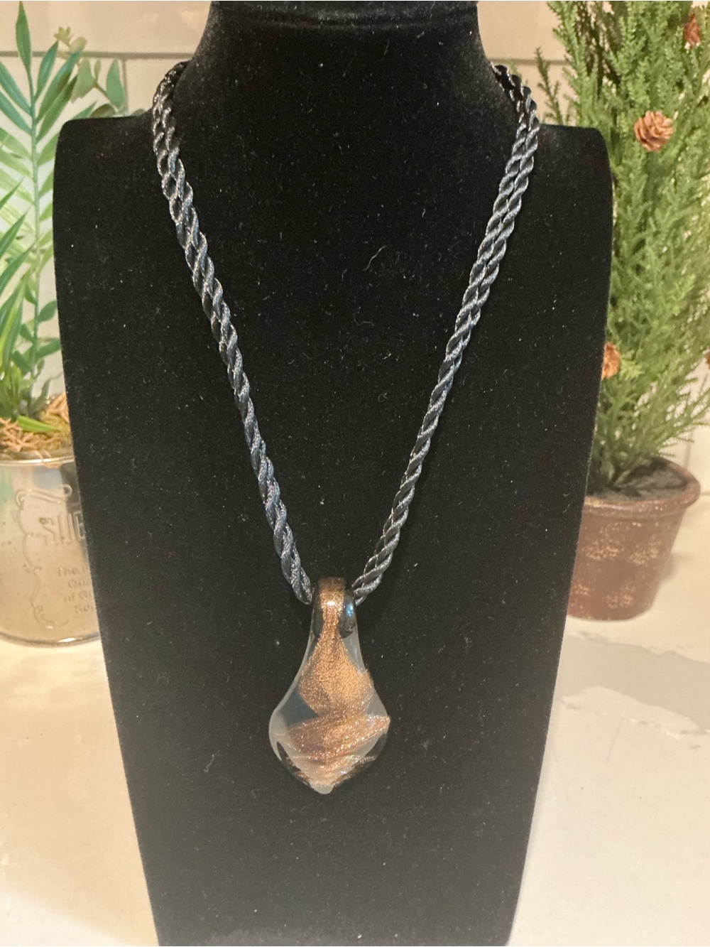 Handmade Glass Teardrop Pendant Necklace in Blue and Gold